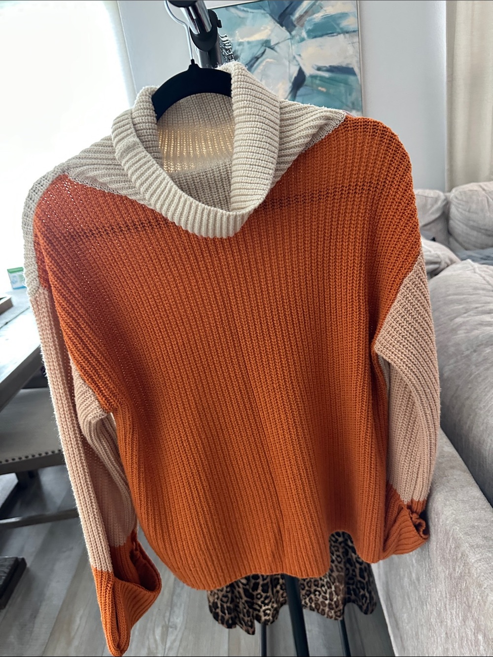 Simple Burnt Orange and Cream Colorblock Cowl Sweater